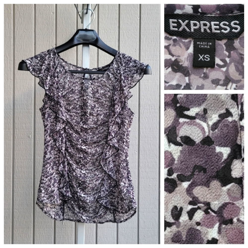 Express | Dark Floral Sheer Ruffle Top Keyhole Button EUC 2010 Women's XS